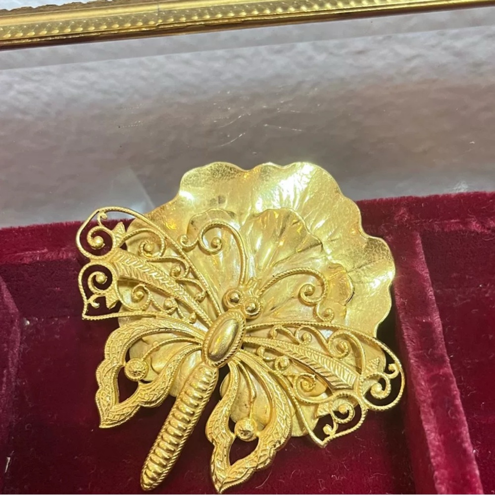 Miriam Haskell Gold Butterfly Brooch with Floral Backplate